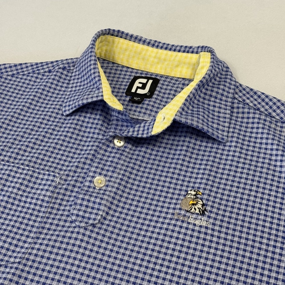 FootJoy‎ Two Eagles Golf Course Men's Polo Shirt Gingham Check Plaid Blue Large